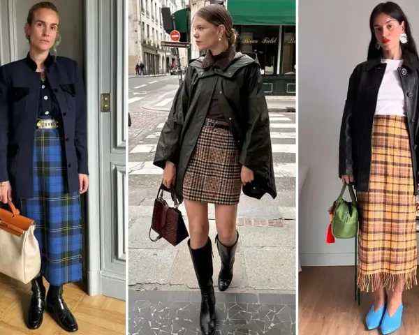 Tre donne sfoggiano gonne con la classica trama Burberry: una blu, una marrone e una gialla.