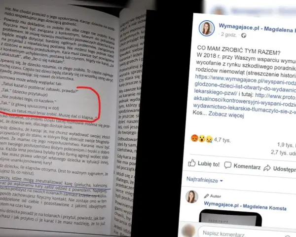 Rodzice rozmawiają z dzieckiem o karze. W tle widać fragment książki o wychowaniu, gdzie mowa o przysiędze małżeńskiej.