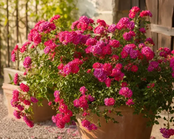Üppige, pinke Rosenbüsche in Terrakotta-Töpfen, die zum Rosen pflanzen einladen. Ein Hauch von Sommer.