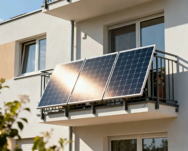 Nowoczesna fotowoltaika na tarasie, zbierająca energię słoneczną. Panele zamontowane na balustradzie budynku mieszkalnego.