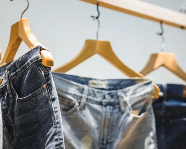 Dżinsy na wieszakach. Różne odcienie niebieskiego, od jasnego do ciemnego. Wiele par, niektóre z kieszeniami na wierzchu. "Straight" to prosty krój.