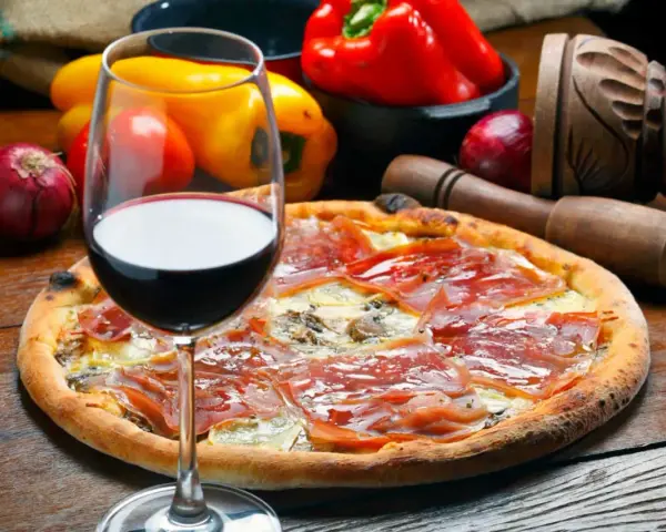 Idealne wino do pizzy, z kieliszkiem czerwonego wina i składnikami na pizze w tle.
