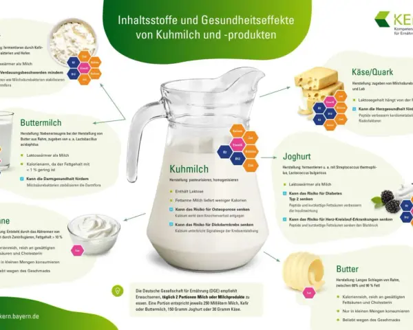 Die DGE empfiehlt täglich 2 Portionen Milchprodukte. Eine Portion sind 250 ml Milch, Kefir, Buttermilch oder 150g Joghurt.