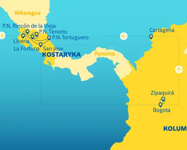 Mapa pokazuje, gdzie leży Kostaryka, między Nikaraguą a Panamą. Zaznaczone są lotniska i główne miasta.