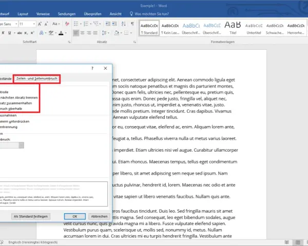 Dialogfenster "Absatz" in Word, Reiter "Zeilen- und Seitenumbruch" mit Optionen zur Textformatierung, z.B. Absatzkontrolle.