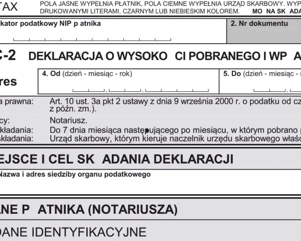 Deklaracja PCC-2 dotycząca podatku od czynności cywilnoprawnych, np. przy zakupie mieszkania.