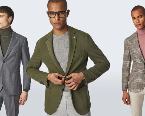 Tre uomini mostrano un dress code informale uomo: blazer grigio, verde oliva e a quadri con dolcevita.