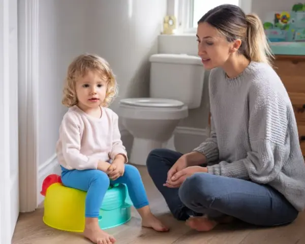 Mama uczy dziecko korzystać z nocnika. Mała dziewczynka siedzi na kolorowym nocniku, a mama siedzi obok, wspierając ją.