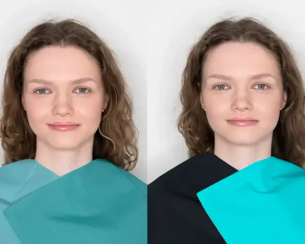 Kobieta o brązowych włosach, z zielonymi oczami, prezentuje typ urody lato. Kolory tkanin podkreślają jej subtelne piękno.