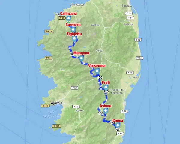 Carte de la Corse montrant le parcours du GR20, avec des points de repère comme Calinzana, Corte, Vizzavona, et Conca. Le dénivelé est implicite dans le relief montagneux.