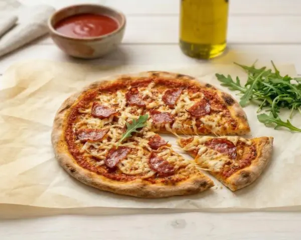 Pyszne, chrupiące ciasto na pizzę bez wyrastania z pikantnym salami i ciągnącym serem. Idealna na szybki obiad.