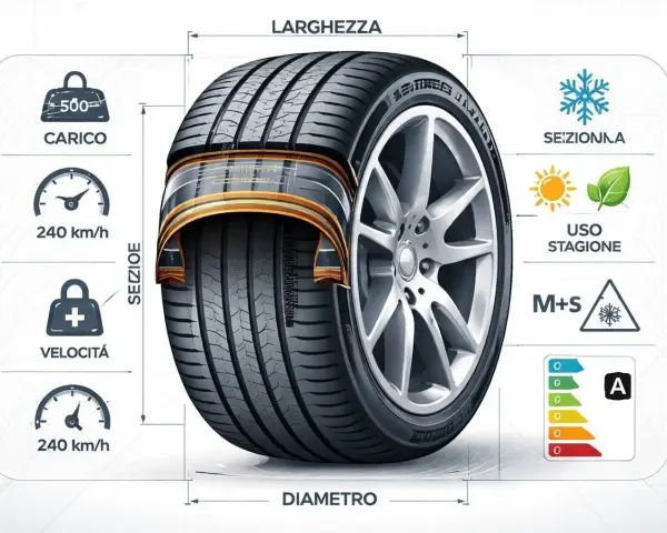 Dettagli tecnici di un pneumatico: carico, velocità, sezione, larghezza, diametro, stagionalità (M+S), e classe energetica.