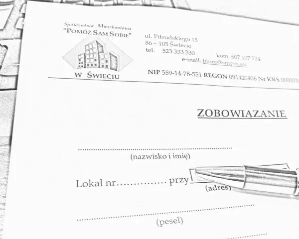 Szkic dokumentu "Zobowiązanie" spółdzielni mieszkaniowej z długopisem.