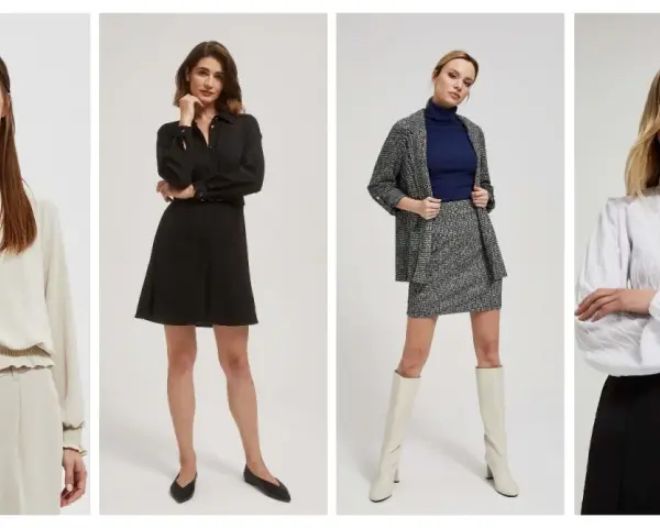 Eleganckie stylizacje do szkoły: beżowy komplet, czarna sukienka, tweedowy zestaw i biała bluzka z czarnymi spodniami.