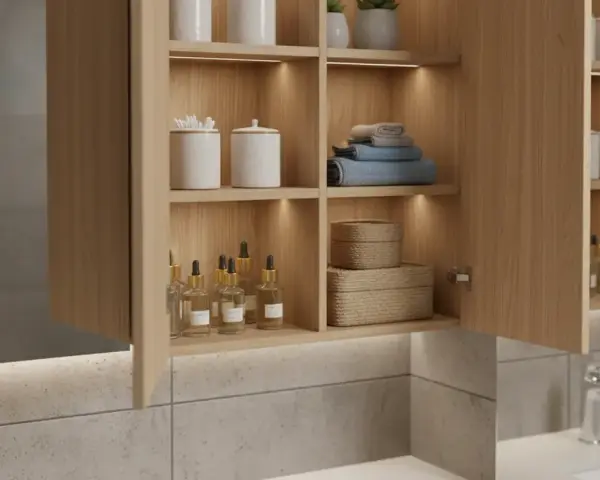 Belle idée rangement salle de bain : étagères en bois clair avec produits, serviettes et paniers tressés.