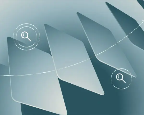 Abstract geometric shapes with magnifying glass icons and a dotted line with an arrow, symbolizing the search for business credit with no personal guarantee.