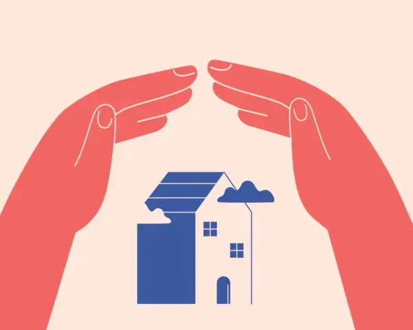 Deux mains protègent une maison bleue stylisée, symbolisant un congé pour reprise ou une protection.
