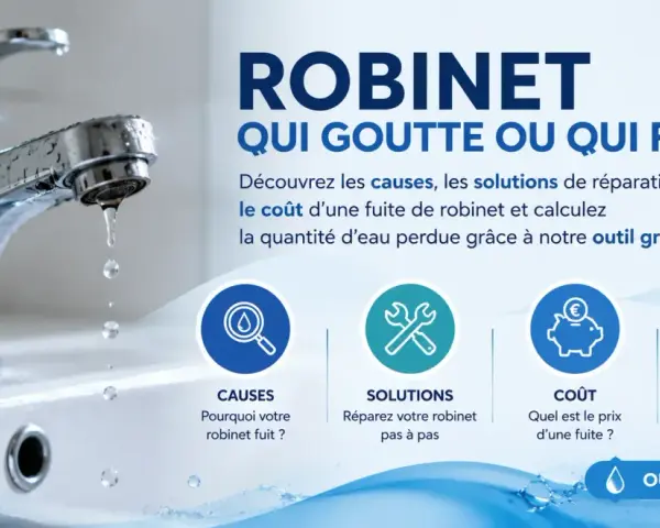 Un robinet chromé goutte dans un lavabo blanc. Le texte explique pourquoi un robinet goutte et propose des solutions.