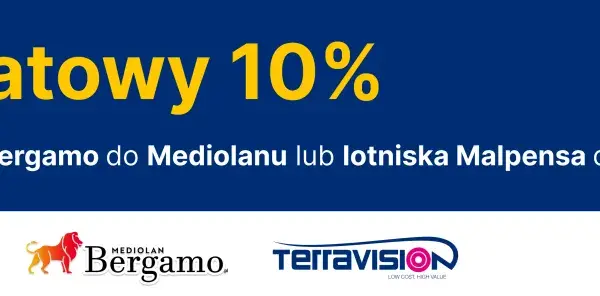 Kod rabatowy 10% na transfer z lotniska Bergamo do Mediolanu lub Malpensa. Logo Bergamo i TerraVision.