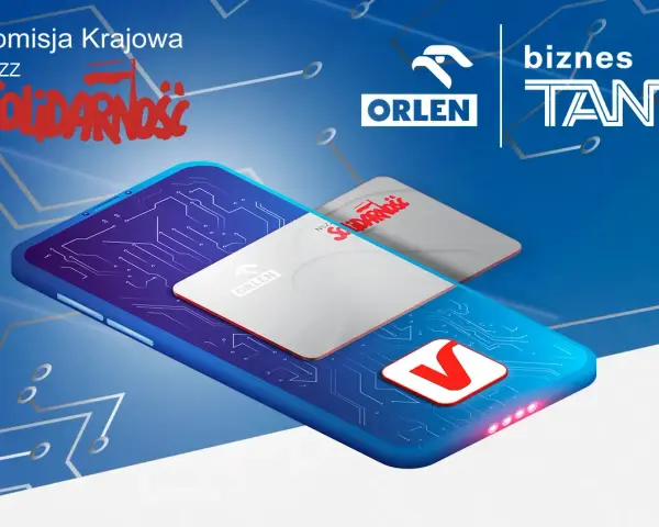 Smartfon z kartami Orlen i Solidarność, symbolizujący cyfrową rewolucję w ramach biznestank.