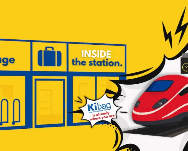 Left luggage sign inside a station with a red train and "Travel Light No Stress" sign.