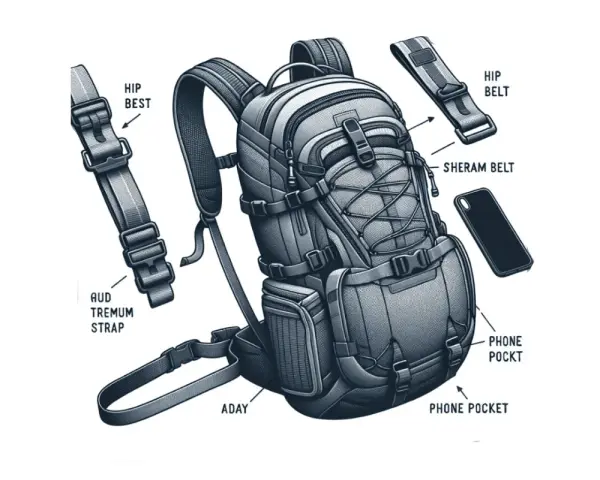 Ilustración detallada de las partes de una mochila escolar, mostrando correas, cinturones y bolsillos para el teléfono.