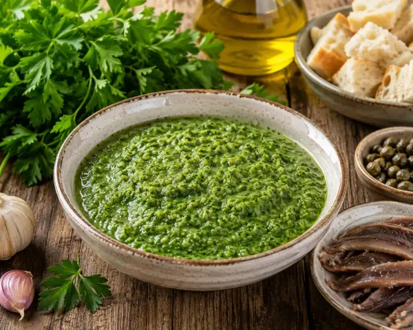 Una ciotola di salsa verde, perfetta per la tua ricetta, con ingredienti freschi come prezzemolo, aglio, capperi e acciughe.