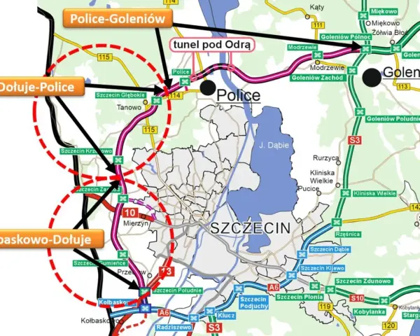 Mapa zachodniej obwodnicy Szczecina z zaznaczonym tunelem pod Odrą, drogami S3, S6, A6 i innymi trasami.