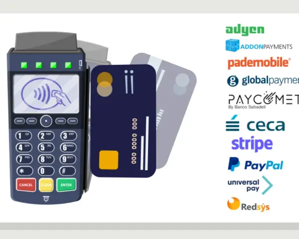 Terminal de pago con tarjetas y logos de pasarelas de pago, ideal para integrar en programas de TPV.