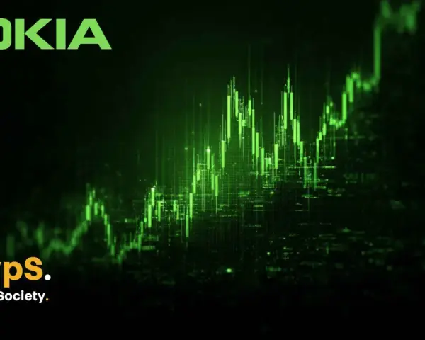 Zielony wykres świecowy symbolizujący akcje Nokia, z logo Nokia i Cryps. Crypto. Society.