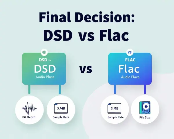 Porównanie DSD vs FLAC: co to za formaty audio? Grafika pokazuje różnice w głębi bitowej, częstotliwości próbkowania i rozmiarze plików.
