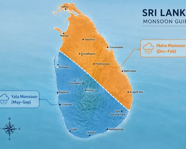 Mapa Sri Lanki z podziałem na monsuny. Planujesz sri lanka wakacje? Sprawdź, kiedy jest najlepszy czas na zwiedzanie!