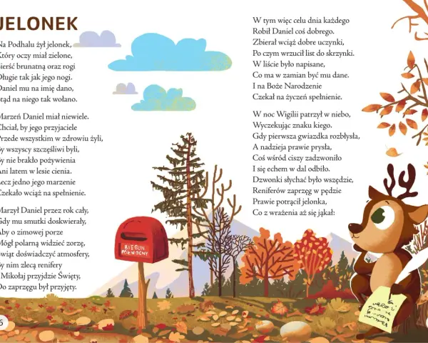 Ilustracja z tekstem "JELONEK" i wierszem o jelonku marzącym o pracy u Świętego Mikołaja. W tle jesienny las, skrzynka "BIEGUN PÓŁNOCNY" i renifer piszący list. To inspiracja do wiejskie przyśpiewki teksty.