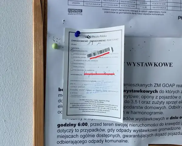 Awizo Poczty Polskiej: przesyłka polecona awizo, z informacją o odbiorze. Zawiadomienie o odpadach wystawkowych.