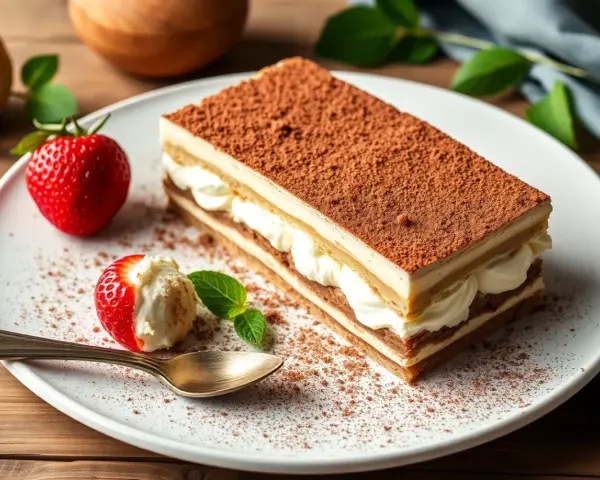 Un délicieux tiramisu, fait avec 500g de mascarpone, garni de cacao et accompagné d'une fraise et d'une cuillère dorée.