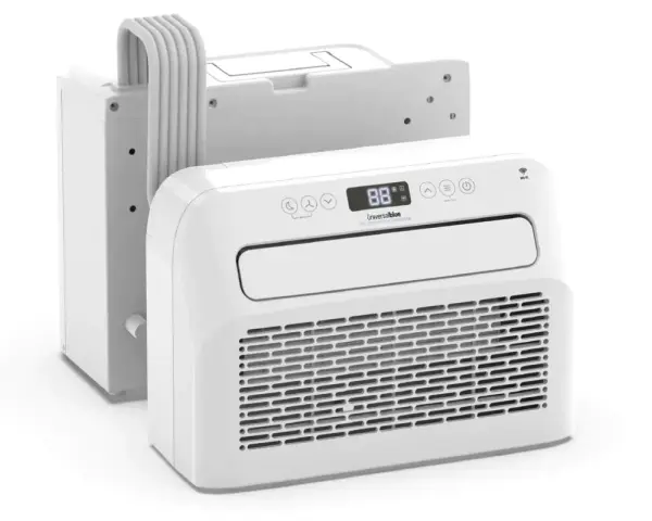 Aire acondicionado portátil blanco con unidad exterior conectada por un tubo flexible. Todos los aires acondicionados portátiles tienen salida al exterior.