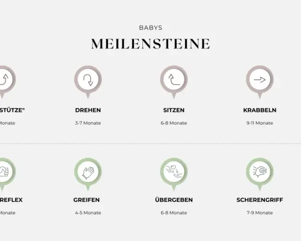 Übersicht der Meilensteine der Baby-Entwicklung: Grob- und Feinmotorik von "Liegestütze" bis "Laufen" und "Pinzettengriff".