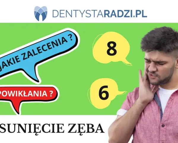 Mężczyzna z bólem zęba, dymki z pytaniami "Jakie zalecenia?", "Powikłania?", liczby 8 i 6. Temat: usunięcie zęba, resekcja zęba rekonwalescencja.