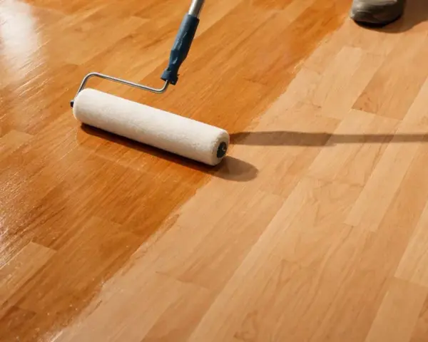 Rullo applica vernice su parquet in corso di levigatura fai da te. Il legno riacquista lucentezza.