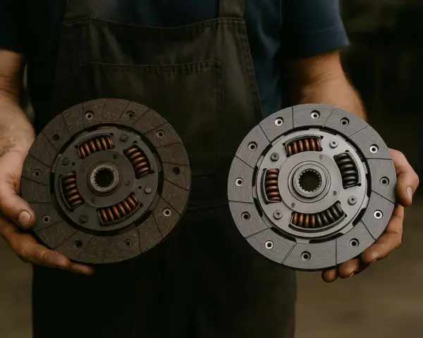 Un meccanico mostra un disco frizione usurato e uno nuovo. I sintomi di una frizione bruciata includono slittamento e odore acre.
