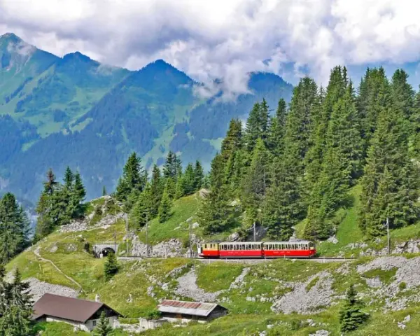 A red and yellow cogwheel train winds through the Swiss Alps, a scenic way to get around Interlaken.