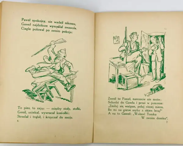 Ilustracja do wiersza "Paweł i Gaweł". Paweł poluje w pokoju, przewracając meble. Gaweł prosi go o ciszę.