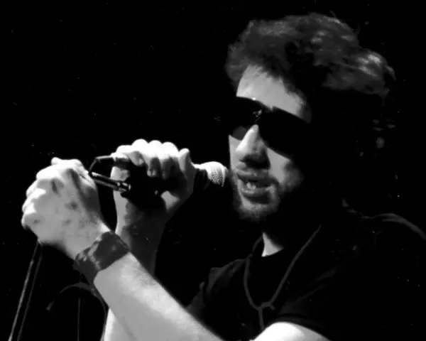 Chanteur d'un groupe irlandais punk, lunettes de soleil, micro en main, sur scène.