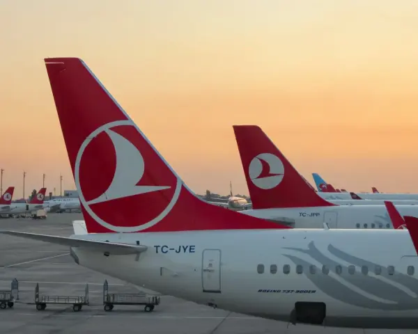 Samoloty tureckich linii lotniczych Turkish Airlines stojące na płycie lotniska o zachodzie słońca.