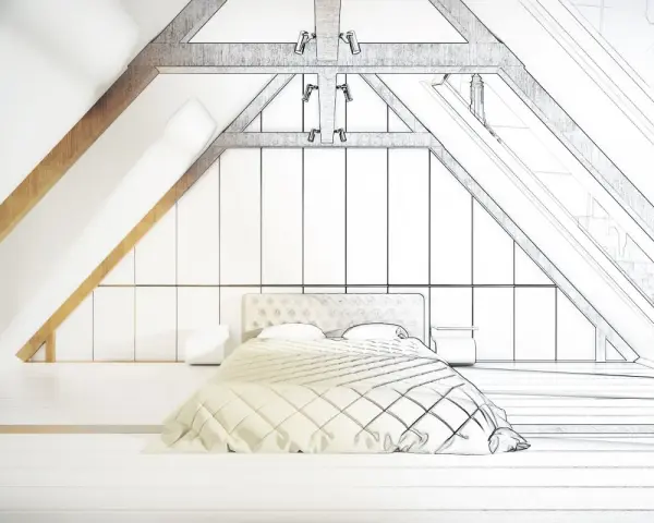 Progetto di una mansarda casa con letto, armadi e travi a vista.