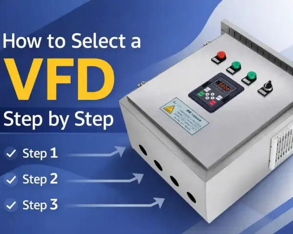 Panel sterowania z wyświetlaczem cyfrowym i przyciskami, obok tekst "How to Select a VFD Step by Step". To jest przetwornik częstotliwości.