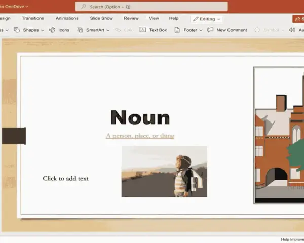 Prezentacja pptx z definicją "Noun" i ilustracjami. Czerwona strzałka wskazuje menu "File".