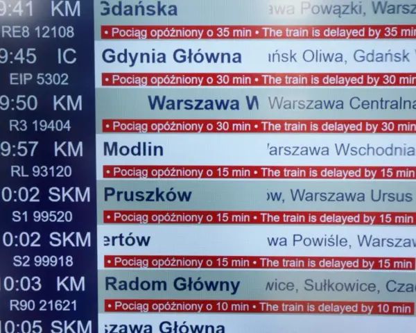 Tablica z rozkładem jazdy pociągów, pokazująca opóźnienia.