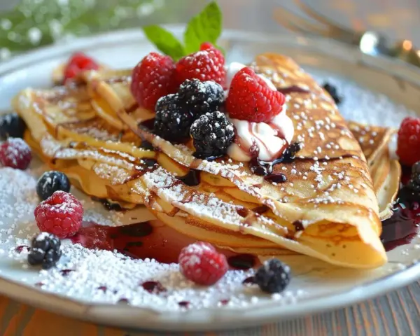 Délicieuses crêpes garnies de fruits rouges et de chantilly. Parfaites pour remplacer les œufs dans vos recettes de crêpes !