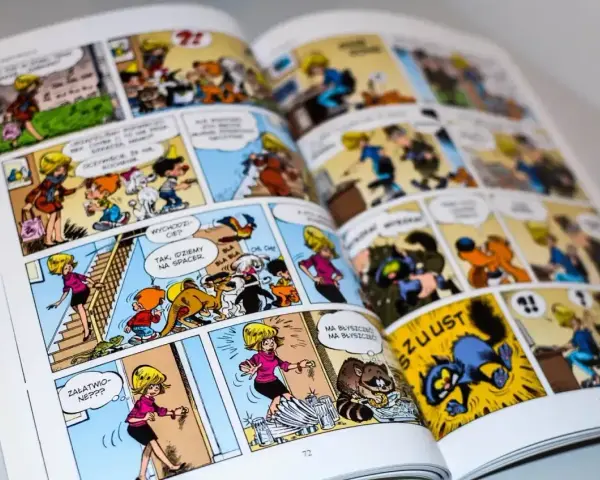 Kolorowe panele z życia bohaterów, idealne pierwsze komiksy dla dzieci. Wesołe przygody, zwierzęta i mnóstwo śmiechu.